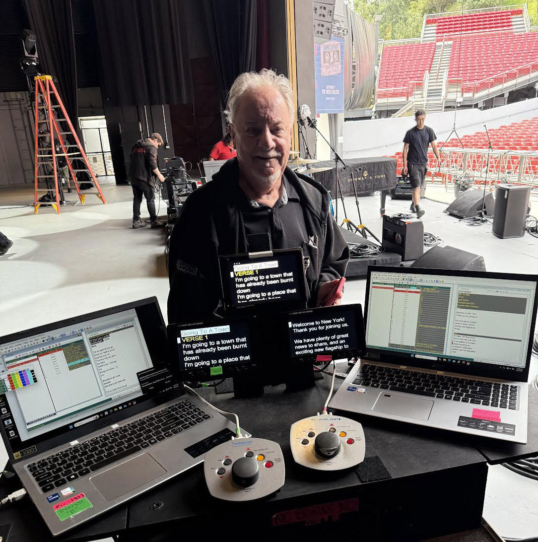 Mick Walker from ViVi-Q with team and teleprompting gear